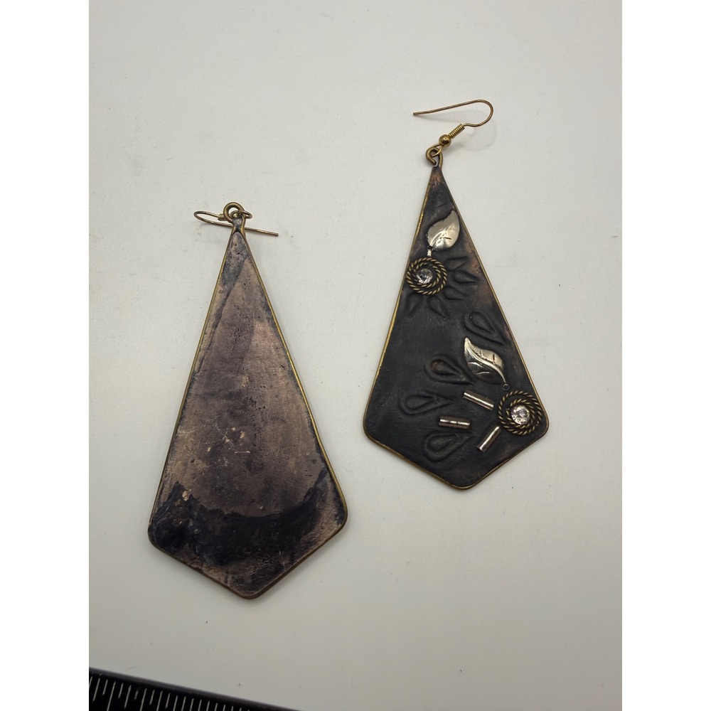 Vintage Artisan Mixed Metal Geometric Kite Drop Earrings Leaf Statement - Picture 3 of 3